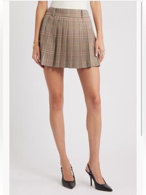 Pleated Plaid Mini Skirt in Brown Multi